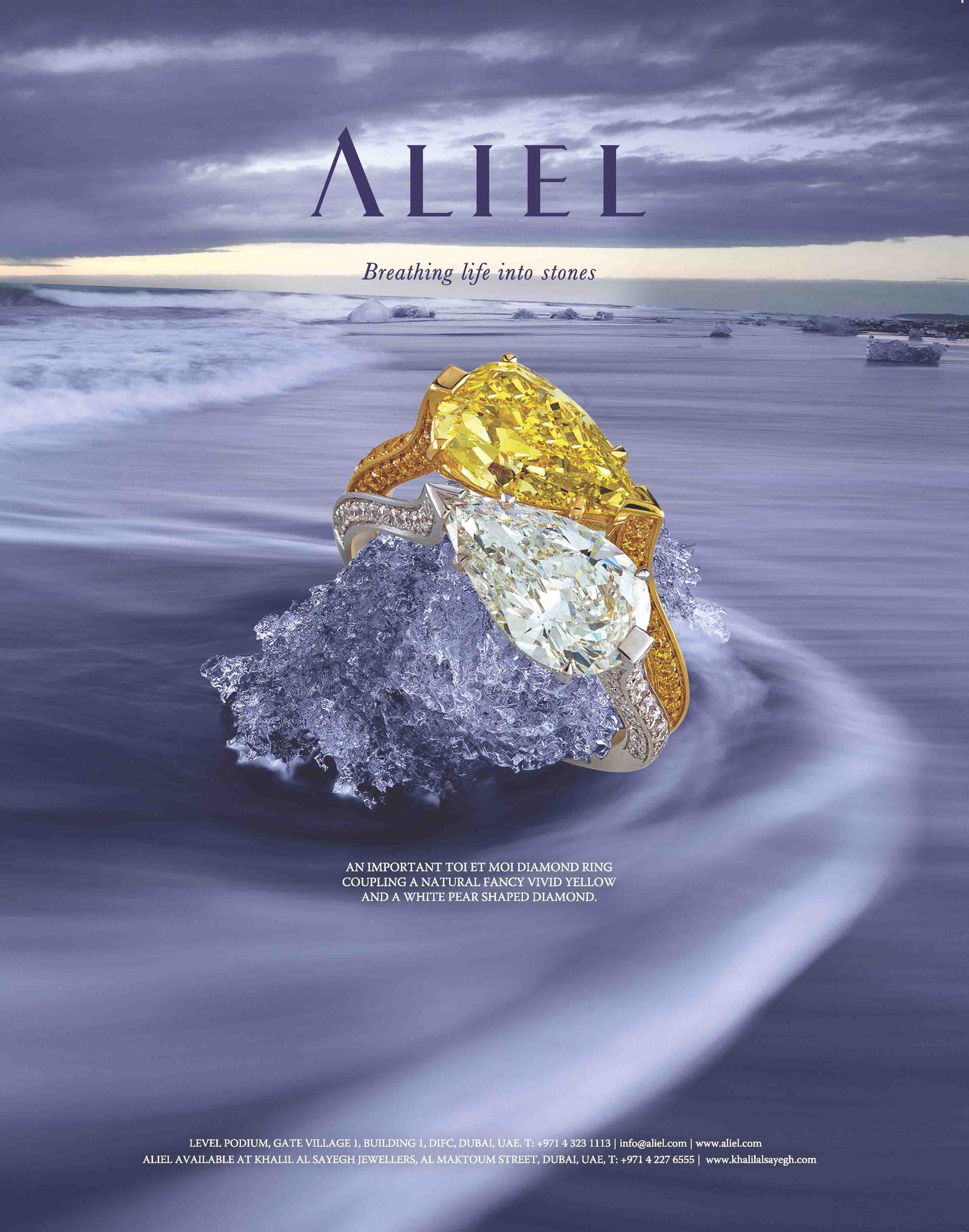 Aliel poster, white and yellow diamond rings
