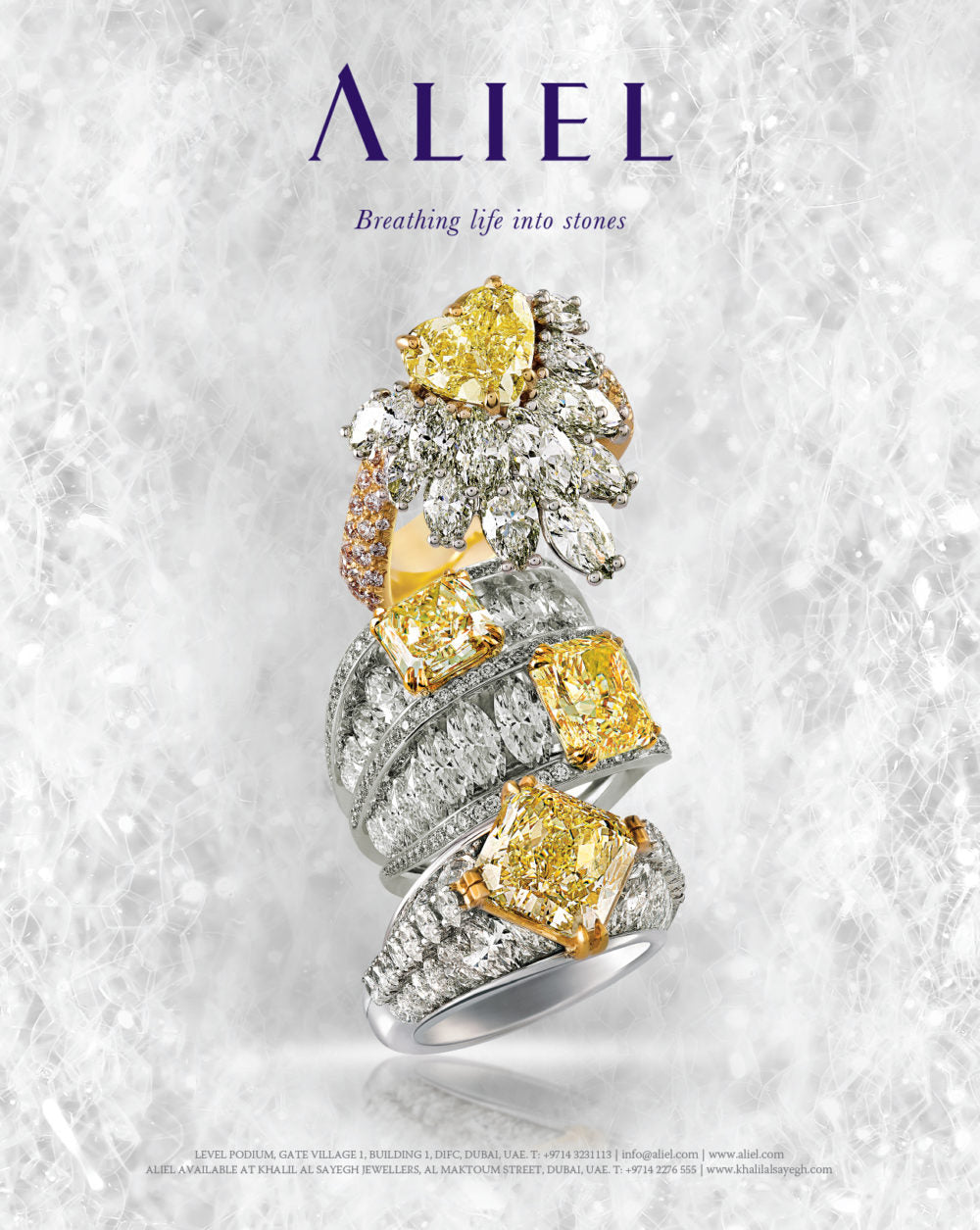 Aliel Poster, yellow and white diamond ring collection