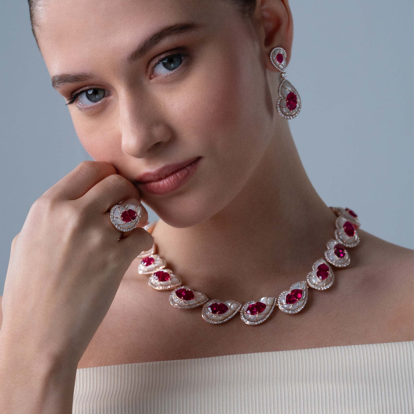 Rubellite and White Diamond-Mother Of Pearl Suite Aliel CSN00199
